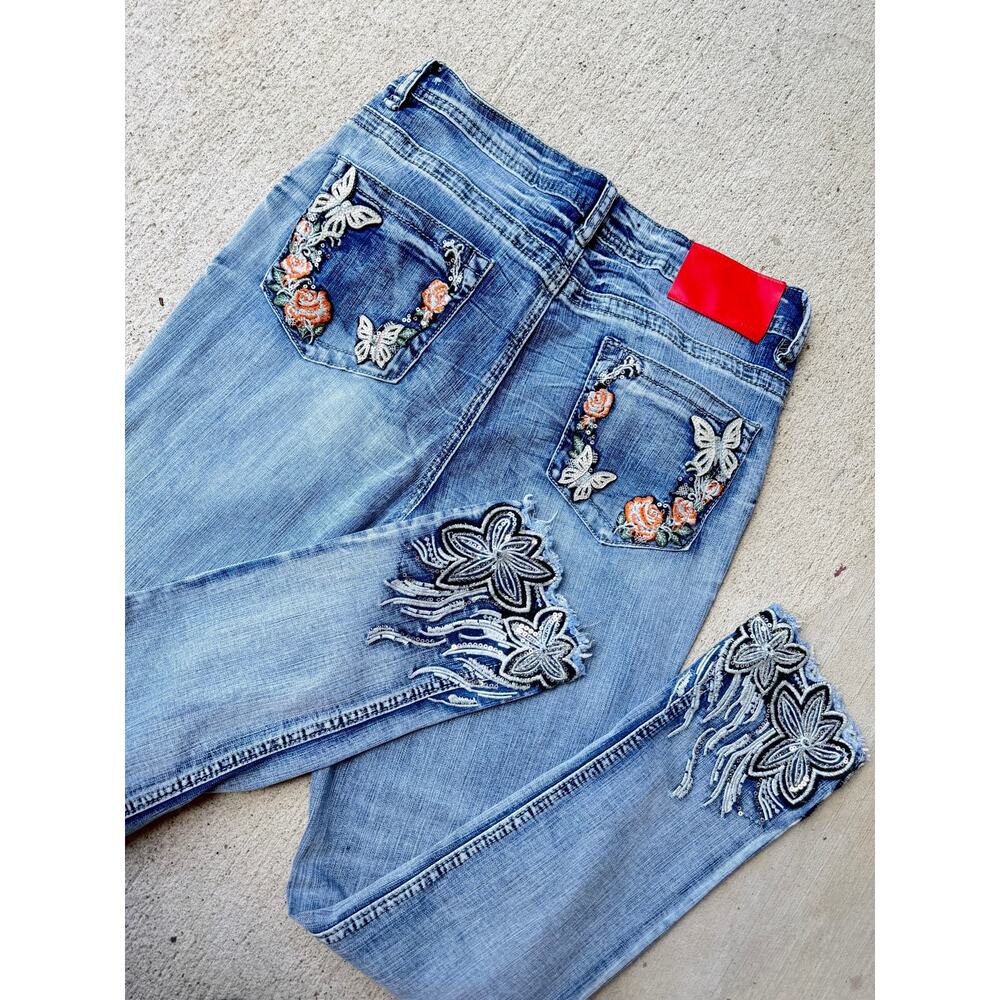 S-JACOL Embellished Butterfly Floral Capri Jeans – Y2K Fairycore Boho Denim 10
